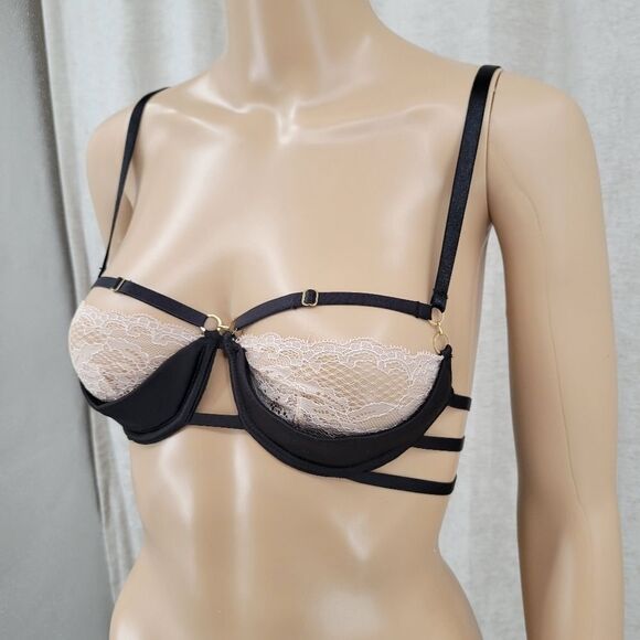 ANN Summers Black Strappy Cage Balconette with Cream/Nude Lace - Picture 2 of 12
